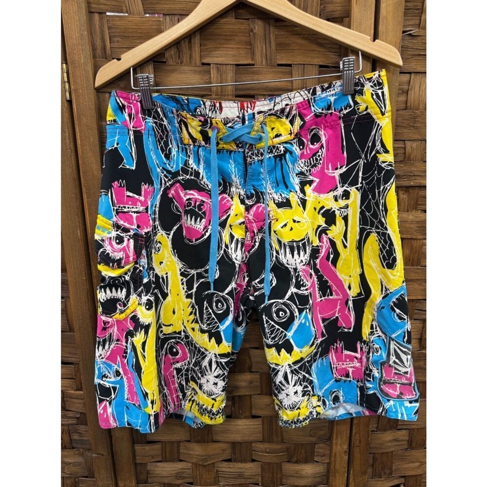 Volcom Black Board Shorts with Bright Blue, Yellow & Pink Graphic Print